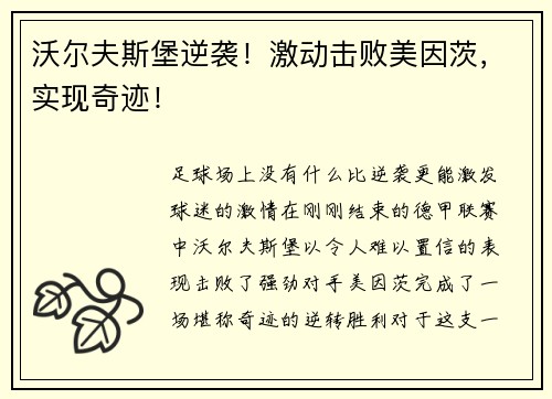 沃尔夫斯堡逆袭！激动击败美因茨，实现奇迹！