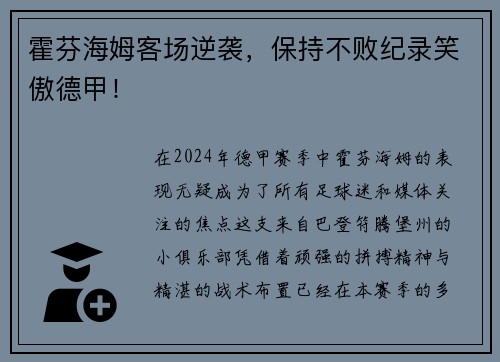 霍芬海姆客场逆袭，保持不败纪录笑傲德甲！